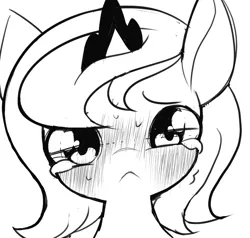 Size: 992x944 | Tagged: safe, artist:ccc, derpibooru import, princess luna, alicorn, pony, :<, blushing, bust, crying, cute, female, filly, frown, grayscale, looking at you, lunabetes, mare, monochrome, portrait, sad, shivering, solo, sweat, woona, younger