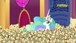 Size: 1280x720 | Tagged: safe, derpibooru import, screencap, princess celestia, alicorn, pony, 28 pranks later, adorable distress, big ol' pile o' scrolls, cute, cutelestia, discovery family logo, female, frown, jewelry, looking at you, mare, peytral, regalia, solo, spam, this will end in tears and/or a journey to the moon, wide eyes