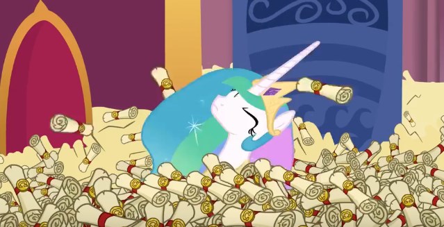 Size: 639x327 | Tagged: safe, derpibooru import, screencap, princess celestia, pony, 28 pranks later, big ol' pile o' scrolls, solo, throne room