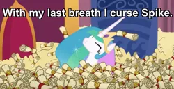 Size: 979x501 | Tagged: safe, derpibooru import, screencap, princess celestia, pony, 28 pranks later, big ol' pile o' scrolls, futurama, scrollestia meme, with my last breath i curse zoidberg