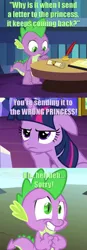 Size: 491x1403 | Tagged: safe, derpibooru import, edit, edited screencap, screencap, spike, twilight sparkle, twilight sparkle (alicorn), alicorn, pony, 28 pranks later, comic, letter, oops, princess, screencap comic, wrong