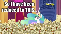 Size: 1280x720 | Tagged: 28 pranks later, big ol' pile o' scrolls, derpibooru import, edit, edited screencap, meme, princess celestia, safe, screencap, scrollestia meme, solo