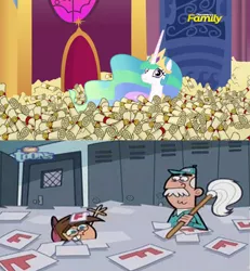 Size: 800x864 | Tagged: safe, derpibooru import, screencap, princess celestia, pony, 28 pranks later, big ol' pile o' scrolls, discovery family logo, janitor, scrollestia meme, the fairly oddparents, timmy turner