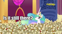 Size: 960x540 | Tagged: safe, derpibooru import, screencap, princess celestia, pony, 28 pranks later, big ol' pile o' scrolls, discovery family logo, scroll, scrollestia meme, silly