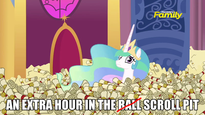 Size: 1280x720 | Tagged: 28 pranks later, ball pit, big ol' pile o' scrolls, caption, dashcon, derpibooru import, discovery family logo, edit, edited screencap, extra hour, image macro, meme, princess celestia, safe, screencap, scroll, scrollestia meme, text