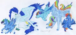 Size: 6435x3035 | Tagged: safe, artist:dawn22eagle, derpibooru import, rainbow dash, soarin', oc, oc:glider, oc:hurricane, oc:storm, pegasus, pony, colored hooves, colored wings, colored wingtips, family, female, male, multicolored wings, offspring, parent:rainbow dash, parent:soarin', parents:soarindash, rainbow wings, realistic horse legs, shipping, soarindash, straight, traditional art, wings