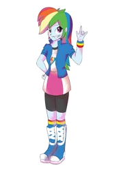 Size: 2480x3496 | Tagged: safe, artist:akumashiroii, derpibooru import, rainbow dash, equestria girls, boots, clothes, compression shorts, devil horn (gesture), happy, no more ponies at source, rock on, shoes, shorts, skirt, socks, solo, wristband