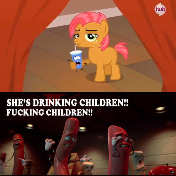 Size: 3900x3900 | Tagged: semi-grimdark, derpibooru import, edit, edited screencap, screencap, babs seed, pony, one bad apple, babs seed song, barry (sausage party), caption, carl, comedy, comic, exploitable meme, food, meat, meme, monster, movie scene, sausage, sausage party, soda, soda meme, vulgar