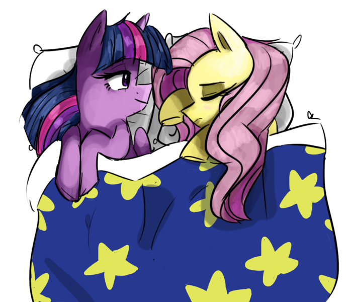 Size: 2082x1804 | Tagged: safe, artist:pandaamanda11, derpibooru import, fluttershy, twilight sparkle, twilight sparkle (alicorn), alicorn, pony, bed, female, lesbian, mare, shipping, twishy