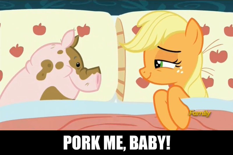 Size: 1276x848 | Tagged: suggestive, derpibooru import, edit, edited screencap, screencap, applejack, pig, pony, 28 pranks later, applejack's bed partner, bed, bedroom eyes, caption, discovery family logo, exploitable meme, implied bestiality, meme, pillow, smiling