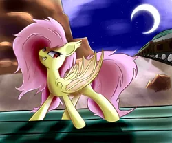 Size: 1024x853 | Tagged: safe, artist:madacon, derpibooru import, fluttershy, bat pony, pony, bats!, bat ponified, flutterbat, moon, night, race swap, solo, train