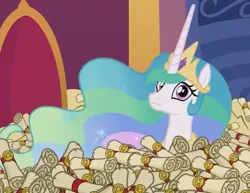Size: 635x490 | Tagged: safe, derpibooru import, screencap, princess celestia, pony, 28 pranks later, big ol' pile o' scrolls, frown, looking at you, scroll, solo, wide eyes