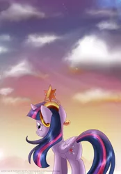 Size: 988x1423 | Tagged: safe, artist:tiffanymarsou, derpibooru import, twilight sparkle, twilight sparkle (alicorn), alicorn, pony, big crown thingy, cloud, dawn, element of magic, jewelry, regalia, solo, twilight (astronomy)