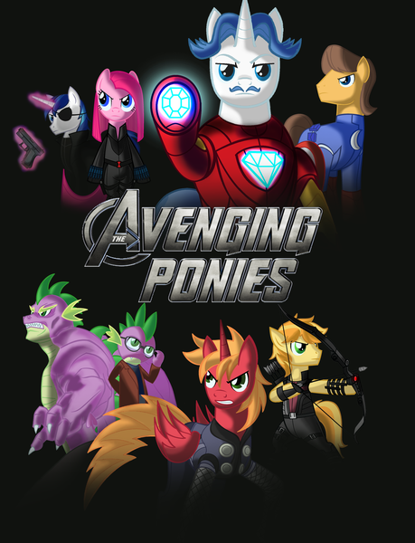 Size: 1024x1340 | Tagged: safe, artist:voltictail, derpibooru import, big macintosh, braeburn, caramel, fancypants, pinkie pie, shining armor, spike, earth pony, pony, avengers, black widow (marvel), bruce banner, captain america, hawkeye, iron man, male, marvel, nick fury, parody, poster, stallion, the incredible hulk, thor