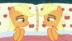 Size: 1920x1080 | Tagged: 28 pranks later, applejack, applejack's bed partner, bed, derpibooru import, edit, edited screencap, exploitable meme, jackjack, meme, mirrored, narcissism, photoshop, pillow, safe, screencap, selfcest, self paradox, self ponidox, shipping, wat