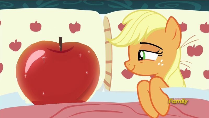 Size: 1280x720 | Tagged: 28 pranks later, apple, applejack, applejack's bed partner, bed, derpibooru import, edit, edited screencap, exploitable meme, food, meme, paint, pillow, safe, screencap, that pony sure does love apples, what am i doing with my life...