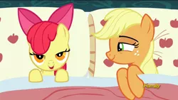 Size: 1920x1080 | Tagged: safe, derpibooru import, edit, edited screencap, screencap, apple bloom, applejack, earth pony, pony, 28 pranks later, applejack's bed partner, bed, bedroom eyes, exploitable meme, female, filly, implied foalcon, implied incest, mare, meme, pillow, siblings, sisters