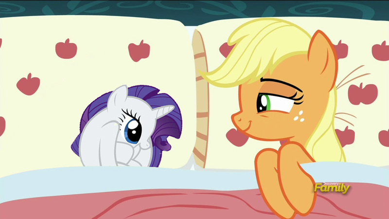 Size: 1280x720 | Tagged: safe, artist:dragonblood6400, derpibooru import, edit, edited screencap, screencap, applejack, rarity, 28 pranks later, applejack's bed partner, bed, bedroom eyes, crossing the memes, discovery family logo, exploitable meme, female, lesbian, meme, pillow, rariball, rarijack, shipping