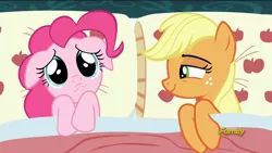 Size: 1920x1080 | Tagged: 28 pranks later, 4chan, applejack, applejack's bed partner, applepie, bed, derpibooru import, edit, edited screencap, exploitable meme, female, floppy ears, implied lesbian, lesbian, meme, /mlp/, pillow, pinkie pie, safe, screencap, shipping