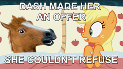 Size: 1920x1080 | Tagged: 28 pranks later, applejack, applejack's bed partner, bed, caption, derpibooru import, discovery family logo, edit, edited screencap, exploitable meme, hoers, hoers mask, horse, image macro, irl, mask, meme, photo, photoshop, pillow, safe, screencap, text, the godfather