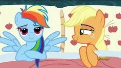 Size: 1536x864 | Tagged: safe, derpibooru import, edit, edited screencap, screencap, applejack, rainbow dash, pegasus, pony, 28 pranks later, read it and weep, appledash, applejack's bed partner, bed, bedroom eyes, exploitable meme, female, implied appledash, implied lesbian, implied shipping, lesbian, lidded eyes, mare, meme, pillow, shipping