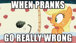 Size: 1280x720 | Tagged: 28 pranks later, applejack, applejack's bed partner, bed, caption, derpibooru import, edit, edited screencap, exploitable meme, grenade, image macro, imminent death, imminent explosion, meme, oh crap, pillow, prank, prank gone wrong, screencap, semi-grimdark, text, this will end in death, this will end in explosions