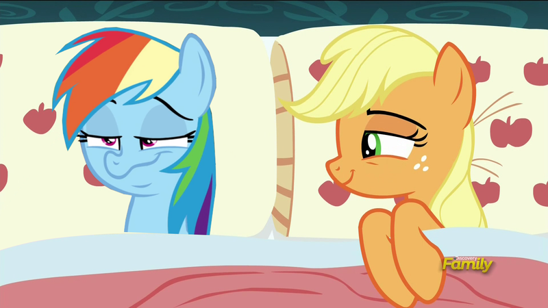 Size: 1920x1080 | Tagged: safe, derpibooru import, edit, edited screencap, screencap, applejack, rainbow dash, pony, 28 pranks later, appledash, applejack's bed partner, bed, exploitable meme, faic, female, lesbian, meme, pillow, shipping, smug, smugdash