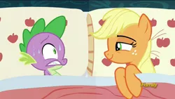 Size: 1280x720 | Tagged: 28 pranks later, applejack, applejack's bed partner, applespike, bed, bedroom eyes, derpibooru import, discovery family logo, edit, edited screencap, exploitable meme, female, male, meme, pillow, safe, screencap, shipping, spike, spike gets all the mares, straight, surprised
