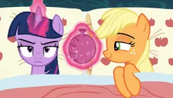 Size: 960x540 | Tagged: 28 pranks later, applejack, applejack's bed partner, applejack's "day" off, bed, derpibooru import, edit, edited screencap, exploitable meme, female, lesbian, meme, pillow, safe, screencap, shipping, twijack, twilight sparkle, whoopee cushion