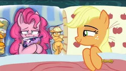 Size: 1920x1080 | Tagged: safe, artist:heir-of-rick, derpibooru import, edit, edited screencap, screencap, applejack, pinkie pie, twilight sparkle, 28 pranks later, applejack's bed partner, applepie, bed, bedroom eyes, body pillow, exploitable meme, female, jackjack, lesbian, meme, pillow, recursion, shipping, twinkie, we need to go deeper