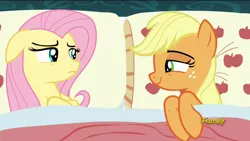 Size: 1920x1080 | Tagged: safe, derpibooru import, edit, edited screencap, screencap, applejack, fluttershy, pony, 28 pranks later, applejack's bed partner, appleshy, bed, bedroom eyes, exploitable meme, female, implied appleshy, implied lesbian, implied shipping, lesbian, mare, meme, pillow, shipping