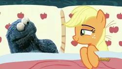 Size: 1920x1080 | Tagged: 28 pranks later, applejack, applejack's bed partner, bed, cookie, cookie monster, derpibooru import, discovery family logo, edit, edited screencap, exploitable meme, food, meme, pillow, safe, screencap, sesame street