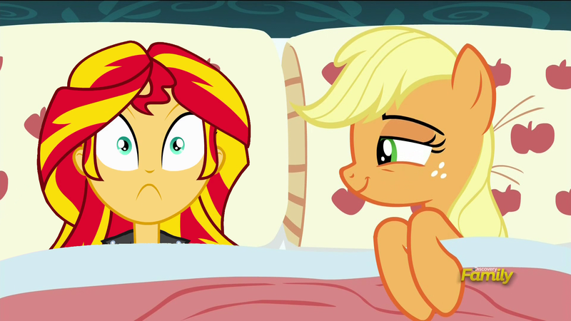 Size: 1920x1080 | Tagged: safe, derpibooru import, edit, edited screencap, screencap, applejack, sunset shimmer, pony, 28 pranks later, equestria girls, applejack's bed partner, appleshimmer, bed, exploitable meme, female, homesick shimmer, lesbian, mare, meme, pillow, shipping