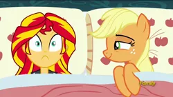 Size: 1920x1080 | Tagged: safe, derpibooru import, edit, edited screencap, screencap, applejack, sunset shimmer, pony, 28 pranks later, equestria girls, applejack's bed partner, appleshimmer, bed, exploitable meme, female, homesick shimmer, lesbian, mare, meme, pillow, shipping