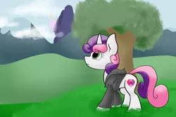 Size: 3300x2200 | Tagged: artist:bravefleet, canterlot, clothes, cutie mark, derpibooru import, hill, hoodie, safe, smiling, solo, sweetie belle, the cmc's cutie marks, tree