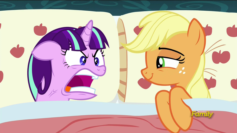 Size: 1920x1080 | Tagged: 28 pranks later, applejack, applejack's bed partner, bed, derpibooru import, edit, edited screencap, exploitable meme, female, glimmerjack, lesbian, meme, pillow, ragelight glimmer, safe, screencap, shipping, starlight glimmer, vein bulge