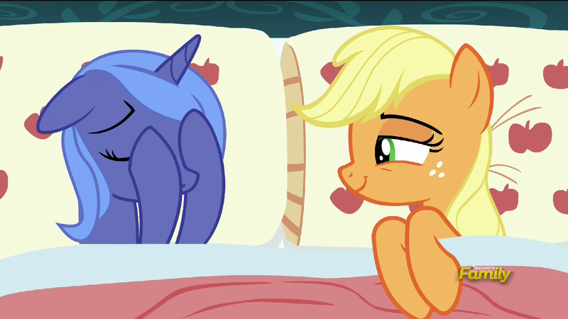 Size: 1439x809 | Tagged: safe, derpibooru import, edit, edited screencap, screencap, applejack, princess luna, pony, 28 pranks later, applejack's bed partner, bed, exploitable meme, facehoof, female, lesbian, lunajack, mare, meme, pillow, ruined for marriage, s1 luna, shame, shipping