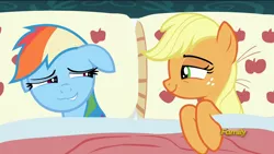 Size: 1920x1080 | Tagged: safe, derpibooru import, edit, edited screencap, screencap, applejack, rainbow dash, earth pony, pegasus, pony, 28 pranks later, appledash, applejack's bed partner, bed, bedroom eyes, discovery family, discovery family logo, exploitable meme, female, lesbian, lip bite, meme, on bed, pillow, shipping, watermark