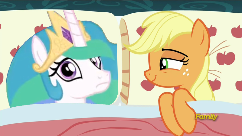 Size: 1920x1080 | Tagged: safe, derpibooru import, edit, edited screencap, screencap, applejack, princess celestia, pony, 28 pranks later, /mlp/, 4chan, applejack's bed partner, applelestia, bed, exploitable meme, female, lesbian, mare, meme, pillow, shipping