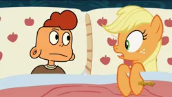 Size: 1920x1080 | Tagged: 28 pranks later, applejack, applejack's bed partner, bed, crack shipping, crossover, derpibooru import, discovery family logo, edit, edited screencap, exploitable meme, human, lars barriga, meme, pillow, safe, screencap, shipping, steven universe, surprised, wat, why