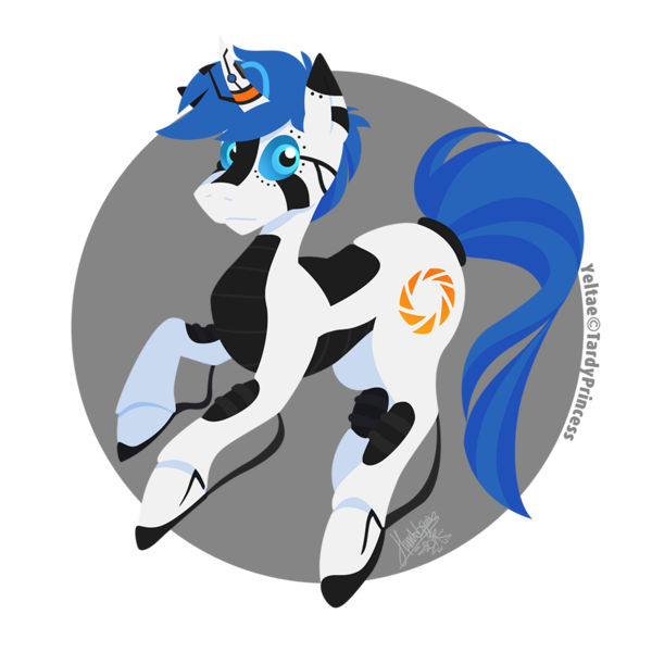 Size: 950x950 | Tagged: safe, artist:raygirl, derpibooru import, oc, oc:yeltae, unofficial characters only, pony, robot, unicorn, cutie mark, hooves, horn, lineless, male, portal (valve), solo, stallion