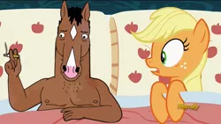 Size: 1920x1080 | Tagged: 28 pranks later, aftersex, applejack, applejack's bed partner, bed, bojack horseman, cigarette, crossover, crossover shipping, derpibooru import, discovery family logo, edit, edited screencap, exploitable meme, horse, implied sex, meme, pillow, screencap, shipping, smoking, suggestive, surprised, xk-class end-of-the-world scenario