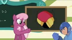 Size: 1280x720 | Tagged: cheerilee, cheerilee's blackboard, derpibooru import, exploitable meme, gutsman, gutsman's ass, megaman, meme, safe, the cart before the ponies