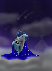 Size: 719x978 | Tagged: safe, artist:tsundra, derpibooru import, rainbow dash, soarin', pony, blanket, cloud, cuddling, cute, female, male, night, shipping, shooting star, snuggling, soarindash, stars, straight