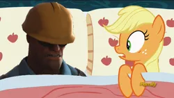 Size: 1280x720 | Tagged: 1000 years in photoshop, 28 pranks later, 3d, applejack, applejack's bed partner, bed, crossover, derpibooru import, discovery family logo, edit, edited screencap, engineer, exploitable meme, human, meme, pillow, safe, screencap, sleeping, source filmmaker, team fortress 2