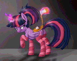 Size: 1028x820 | Tagged: suggestive, artist:equum_amici, artist:pucksterv, derpibooru import, twilight sparkle, twilight sparkle (alicorn), alicorn, pony, alternate hairstyle, animated, butt, cinemagraph, clothes, female, food, grin, i'm pancake, looking back, magic, pancakes, plot, ponytail, raised hoof, smiling, socks, solo, solo female, striped socks, syrup, telekinesis, thigh highs