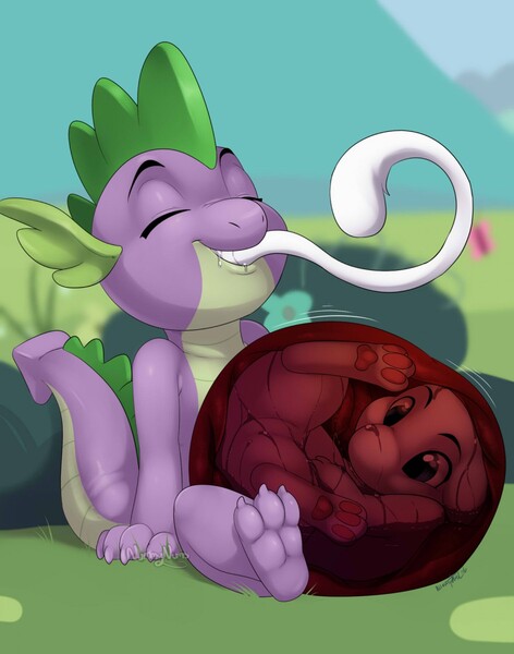 Size: 1006x1280 | Tagged: artist:nummynumz, derpibooru import, fetish, internal, mew, pokémon, questionable, spike, spipred, vore, willing vore