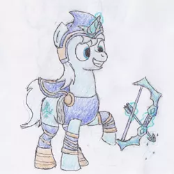 Size: 1500x1500 | Tagged: safe, artist:egg_roll, derpibooru import, ponified, pony, arrow, bow (weapon), bow and arrow, clothes, league of legends, newbie artist training grounds, solo, traditional art, weapon