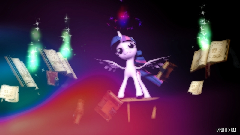 Size: 1276x720 | Tagged: safe, artist:minutexium, derpibooru import, twilight sparkle, twilight sparkle (alicorn), alicorn, pony, 3d, book, floating, gmod, magic, signature, solo, table