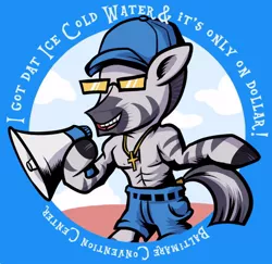 Size: 500x486 | Tagged: abs, accent, baltimare, bronycon, bronycon 2015, derpibooru import, got dat ice cold water and it's only one dollar, ice cold water guy, megaphone, safe, species swap, sunglasses, zebra, zebrafied